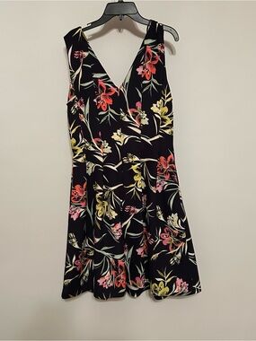 Vince Camuto Black Floral V-Neck Mini Dress with Pink & Yellow Blooms